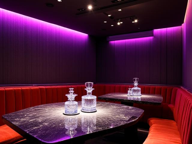 カラオケバーの内部。ネオンと音響設備。