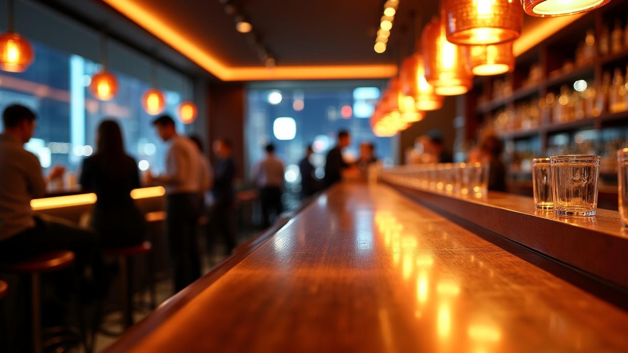 洗練されたモダンなバーカウンターで談笑する人々