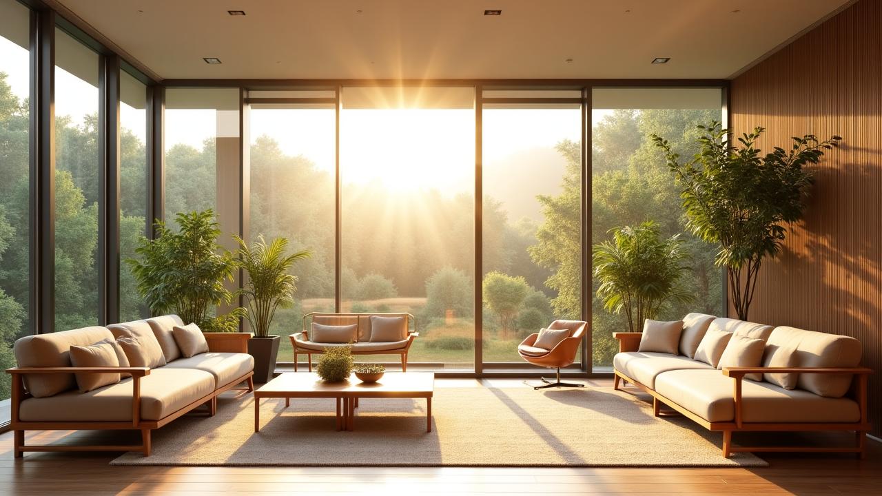 自然光が溢れる開放的なシニア施設の共有ラウンジ