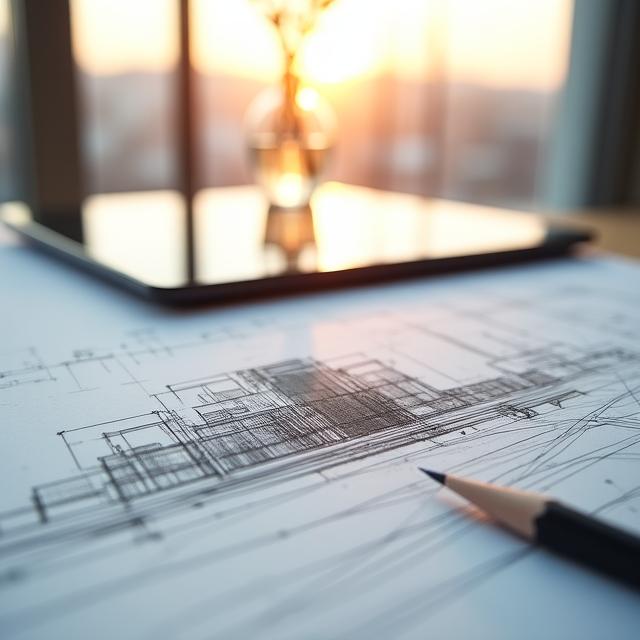 建築コンセプトのスケッチと精密な設計図の融合