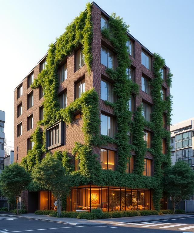 エコ改修された歴史建築とモダンな緑化壁の融合